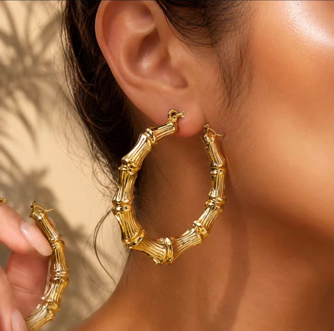 3 Pairs of Gold Bamboo Hoop Earrings