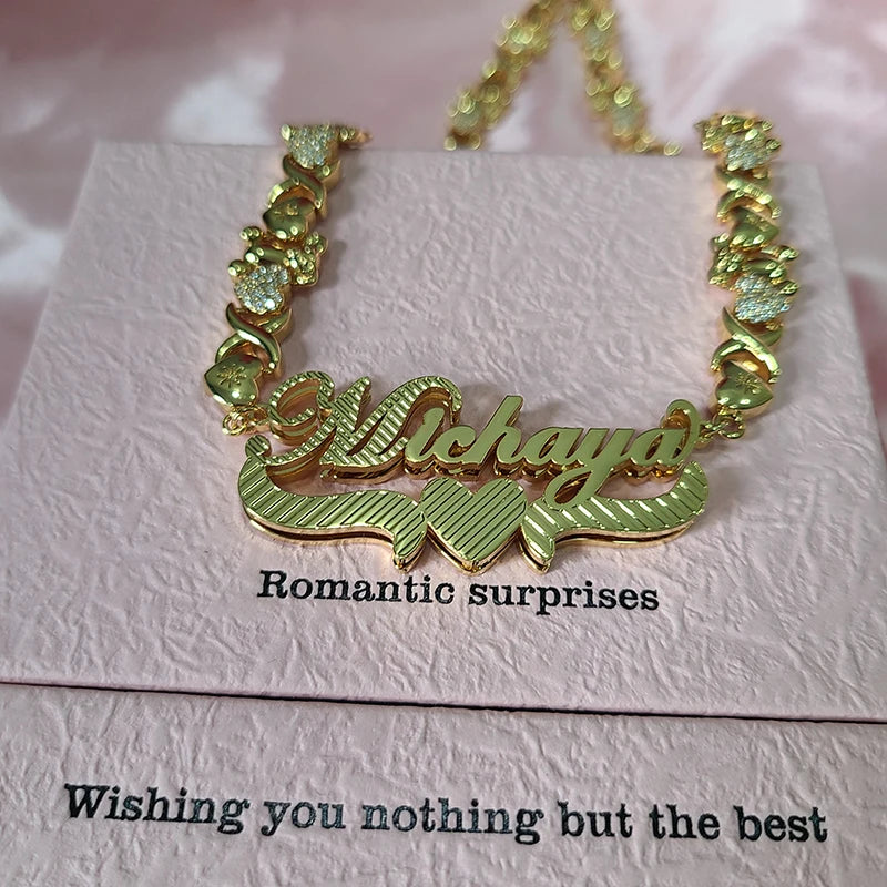 18K Gold Custom Name Zirconia Hearts Necklace