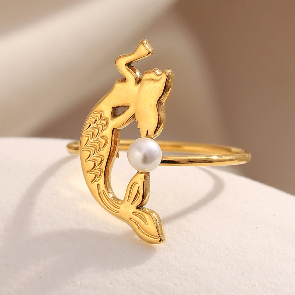 18K Gold Plated Mermaid Opening Ring with Sea Pearl