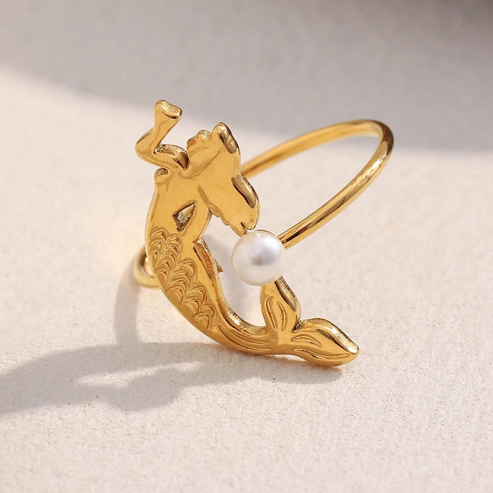 18K Gold Plated Mermaid Opening Ring with Sea Pearl
