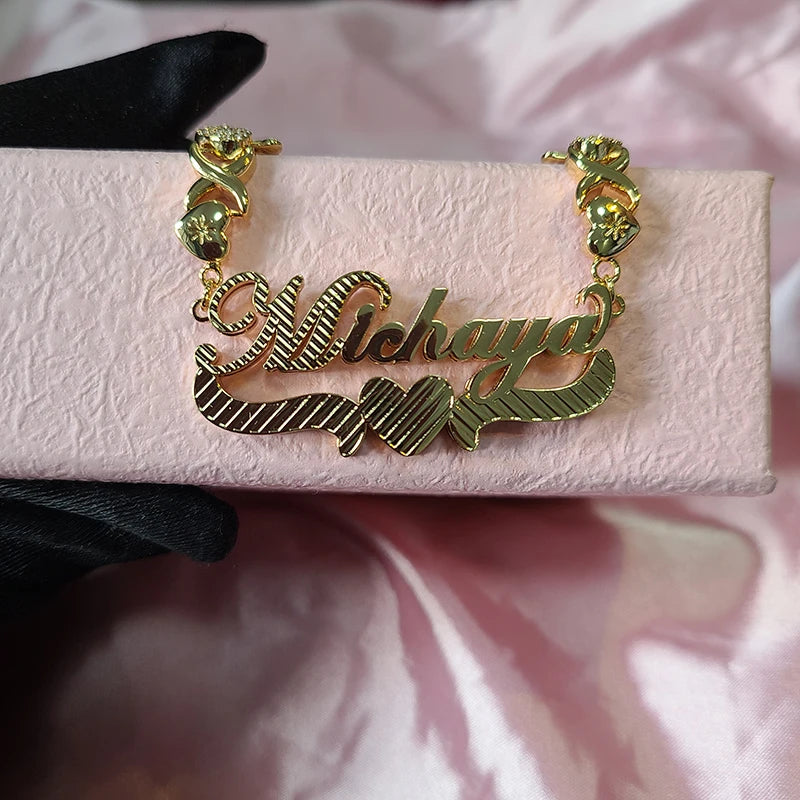 18K Gold Custom Name Zirconia Hearts Necklace