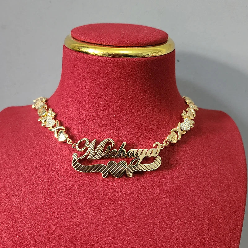 18K Gold Custom Name Zirconia Hearts Necklace