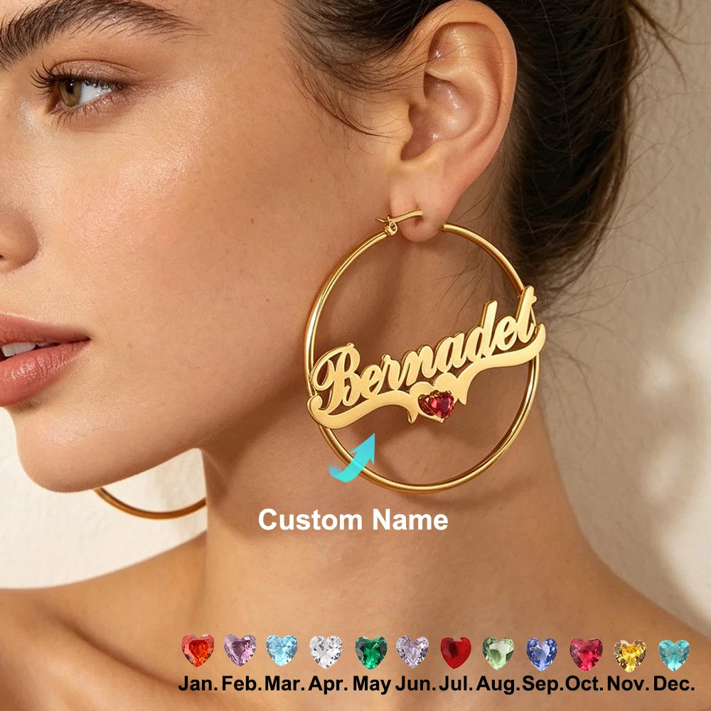 50mm Birthstone & Name Hoop Earrings
