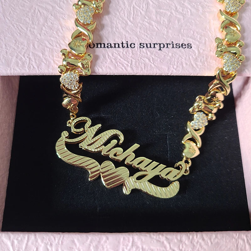 18K Gold Custom Name Zirconia Hearts Necklace