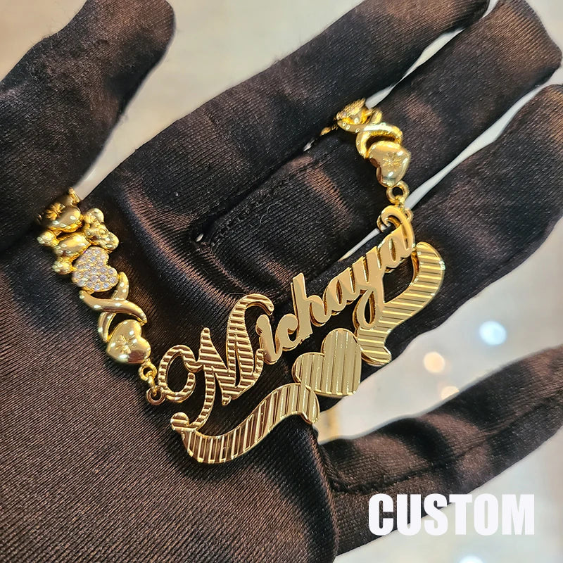18K Gold Custom Name Zirconia Hearts Necklace