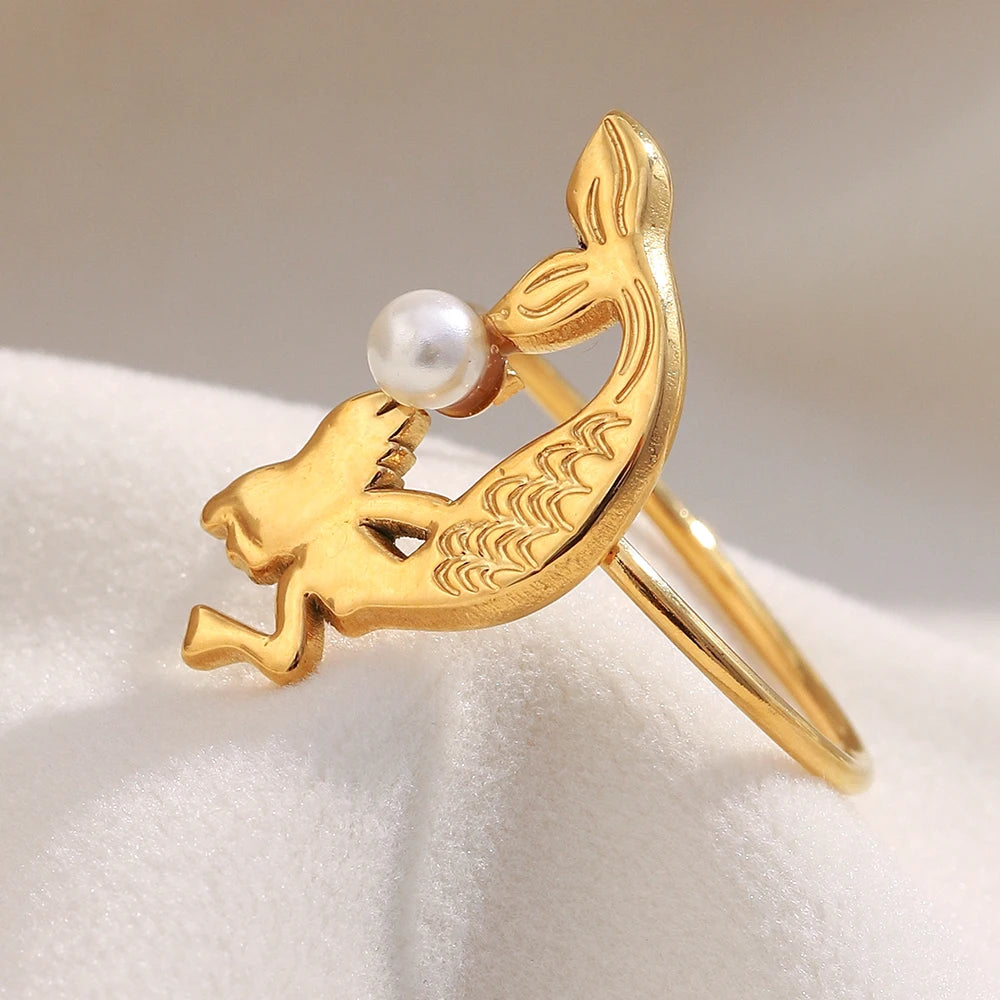 18K Gold Plated Mermaid Opening Ring with Sea Pearl