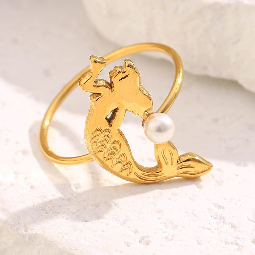 18K Gold Plated Mermaid Opening Ring with Sea Pearl