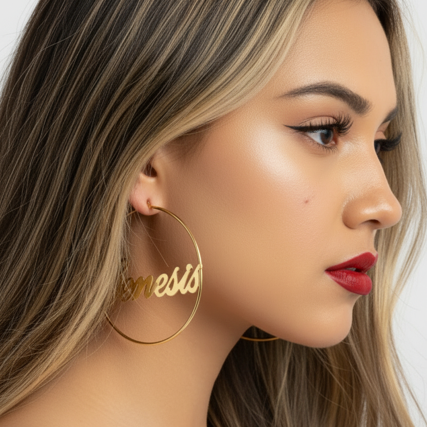 A close-up lifestyle shot of a woman wearing a large gold hoop earring with the name 'Genesis' written in black script on the front.
