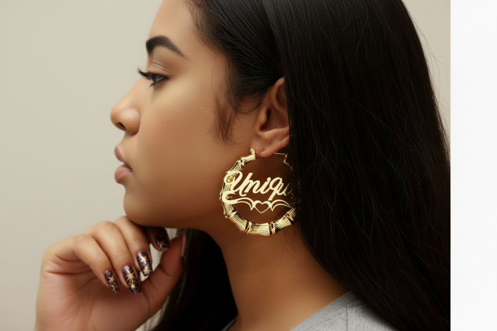 Angel Custom Name Bamboo Hoops Earrings