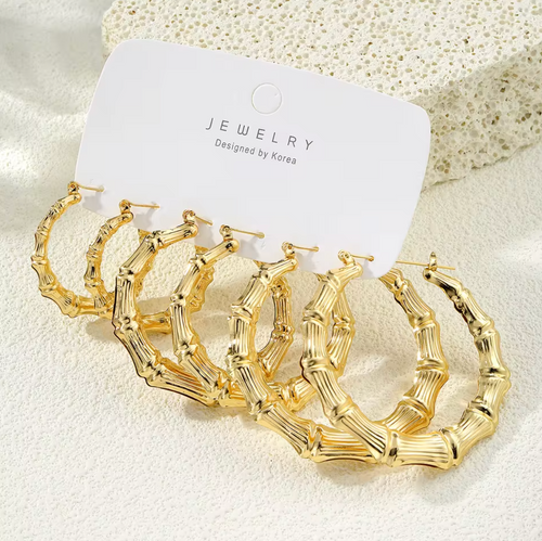 3 Pairs of Gold Bamboo Hoop Earrings