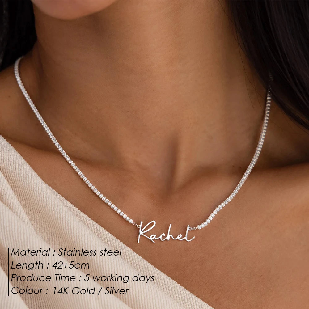 Tennis Custom Name Necklace with 'Rachel' in gold or silver engraving on a person wearing a beige top.
