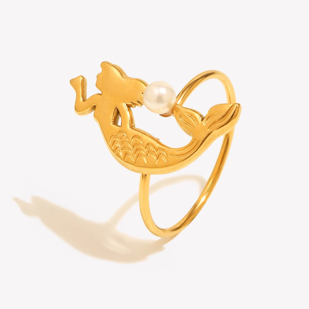 18K Gold Plated Mermaid Opening Ring with Sea Pearl