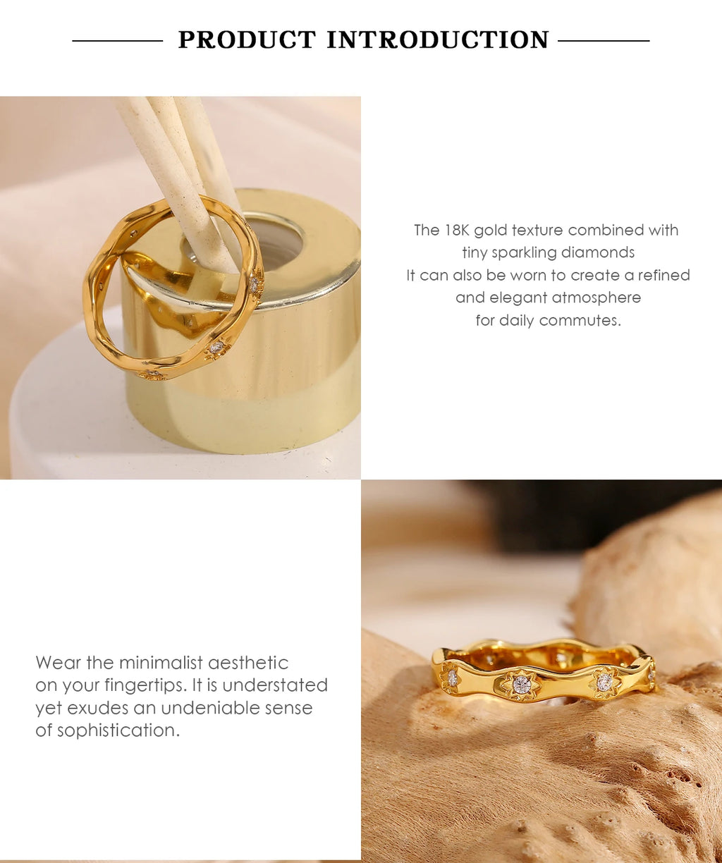 Gold ring with 18K gold texture and tiny sparkling diamonds on a neutral background.