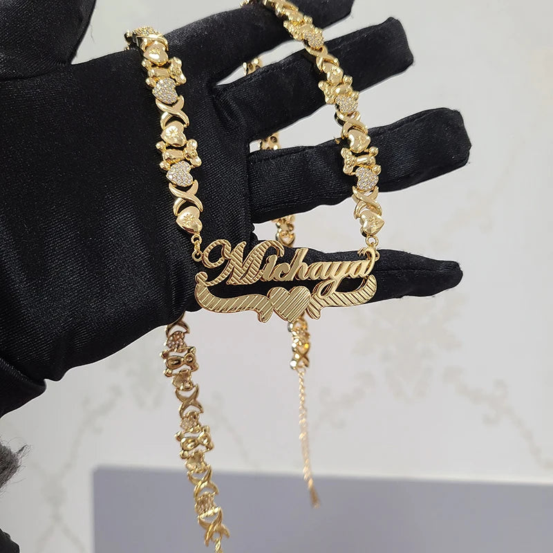 18K Gold Custom Name Zirconia Hearts Necklace