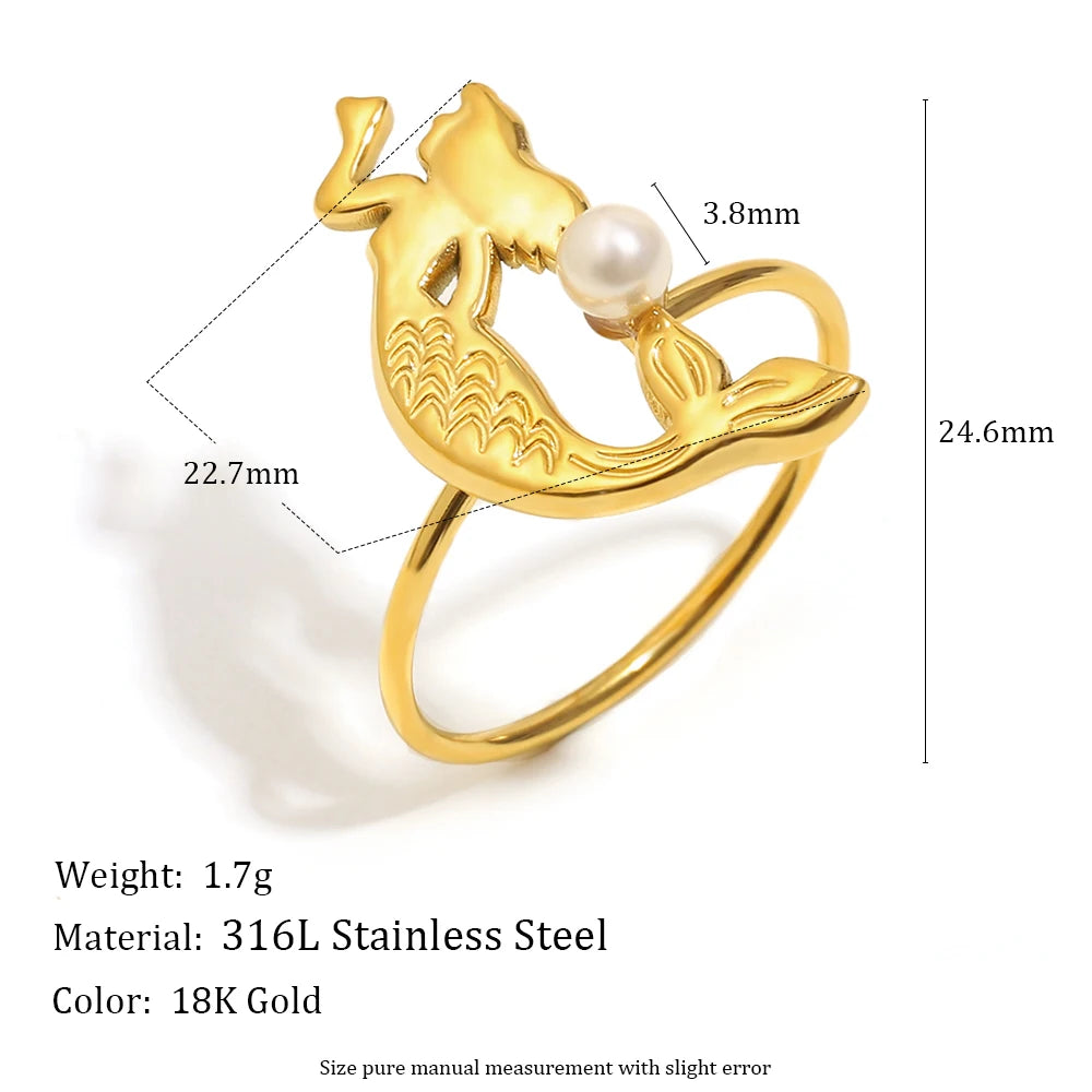 18K Gold Plated Mermaid Opening Ring with Sea Pearl