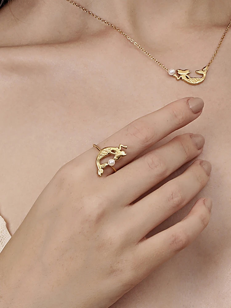 18K Gold Plated Mermaid Opening Ring with Sea Pearl